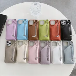 Luxury Lychee Print Zipper Vogue Phone Case for iPhone 14 13 Mini 12 11 Pro Max XR XS 7 8 Plus Durable Card Slot Solid Leather Wallet Chain Kickstand Back Cover Shockproof