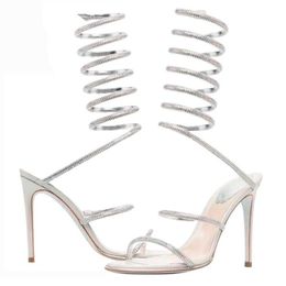RENE CAOVILLA Cleo open toe sandals crystal embellished spiral wrap around sandal twining rhinestone sandal women rainbow stiletto heels shoes 35--42 ABBB OXOXXX