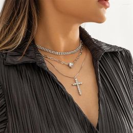 Pendant Necklaces Vintage Punk Multilevel Silver Color Crystal Chain Necklace For Women Female Fashion Water Drop Cross Jewelry