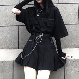 Two Piece Dress Single Set Summer Korean Fashion Versatile Dark Series Loose Bf Shirt Top Women Skirt Jupe Drop 230520