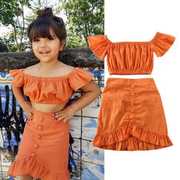 Clothing Sets Toddler Baby Girls Clothes Kids Orange Off Shoulder Crop Top Ruffle A Line Skirt 2PCS Outfit Children s Set 1 6Y Summer 230520