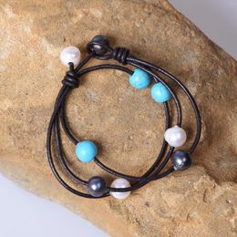 Strand Blue Pearl Bracelets Bangles Natural Beaded Leather Bracelet Handmade Lady Jewelry Birthday Gift Unique Bangle