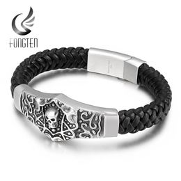 Bangle Fongten Stainless Steel Curb Cuban Link Chain Leather Bracelet Skull Gothic Style Braided Men Bangle Jewelry