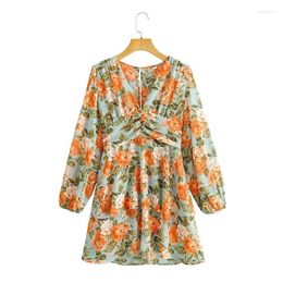 Casual Dresses Woman Sweet Orange Floral V Neck Short Dress 2023 Spring Female Chic High Waisted Print Mini Flower Beach