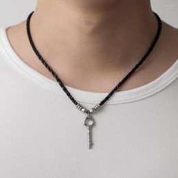 Chains Fashion Men's Stainless Steel Simple Key Leather Rope Necklace Cross Border Cool Personalised Titanium Goth