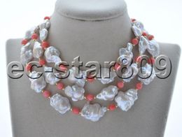 Necklaces Z10756 18"50" 18mm White Plumblossom Baroque Pearl Pink Coral Necklace