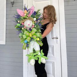 Decorative Flowers Easter Wreath Beautiful Cartoon Bowknot Design Festival Door Home Decor