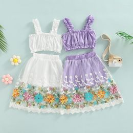 Clothing Sets Little Kids Baby Girls 2pcs Outfits Solid Ruffled Shoulder Strap Sling Tops Visible Shorts Floral Print Stitching Skirt 2-7t