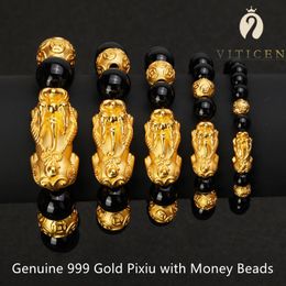 Bangles VITICEN Genuine 24k Yellow Gold Pixiu Bracelet Male Female Unisex 999 Gold Bead Bracelet Black Onyx Stone Wristband Fine Jewelry