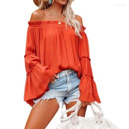 Women's Blouses Womens Sexy Off Shoulder Ruched Flared Bell Long Sleeve Casual Shirt Solid Colour Summe Top