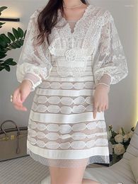 Casual Dresses 2023 High Waist Long Sleeve Elegant Embroidery Runway Autumn Lace Women Vintage Luxury Party Dress Boho Spring