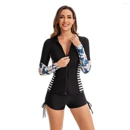 Women's Swimwear Women's Long Sleeve 2 Piece Rash Guard Sun UV Protect Zip Up Swim Shirt Built In Bra Tee Swimsuit With Shorts Bathing