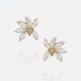 Stud Earrings Fashionable And Premium Temperament 18K Gold Plated Personality Exquisite Zircon Sweet Petal Shaped Flower