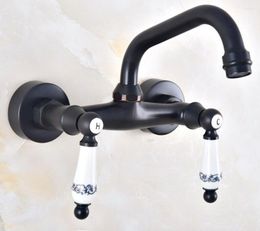 Kitchen Faucets Wet Bar Bathroom Vessel Sink Faucet Black Oil Rubbed Brass Wall Mounted Swivel Spout Mixer Tap Dual Ceramic Lever Mnf822