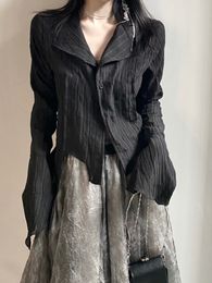 Women's Blouses Shirts Deeptown Y2k Blouse Women Vintage Black Shirt Gothic Harjauku Pleated Button Up Korean Dark Tight Long Sleeve Aesthetic Female 230520