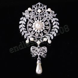 Gold Colour Rhinestone Crystal Flower Brooches For Women Fashion Drop Pearl Brooch Pins Wedding Bridal Party Charm Jewellery Gifts