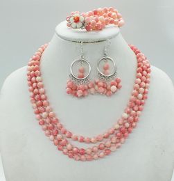 Necklace Earrings Set Exquisite 3 Layers 6MM Classic Pink Coral Necklace/Bracelets/Stud African Bridal Jewelry