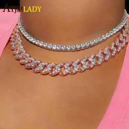 Necklaces 12mm Micro Pave CZ Cuban Link Necklaces pink Luxury Bling choker Jewelry iced out bling zircon rock punk women men jewelry