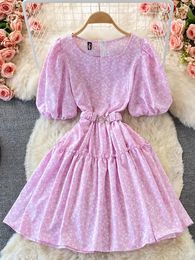 Party Dresses Summer Women Printed Mini Dress Vintage Round Neck Short Puff Sleeve High Waist A-Line Ruffle Vestidos Female Pink/Purple Robe