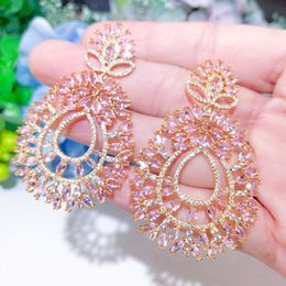 Knot CWWZircons Shiny Light Pink Big Long Drop Engagement Wedding Earring for Women Fashion Brand Brazilian Gold Plated Jewellery CZ646