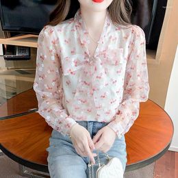 Women's Blouses 2023 Prairie Chic Cherry Print Chiffon Shirts Women Spring Autumn Sweet V-neck See Through Long Sleeve Blusa Mujer