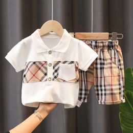 New 2023 kids girls boys plaid tracksuit brand fashion 2pcs outfits set polo tshirt and short pant tracksuits children Designers Clothes