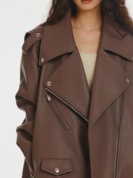 Women's Leather Spring Autumn Cool Oversized Soft Brown Faux Biker Jacket Women Zipper Loose Luxury Designer Unisex Clothes 2023