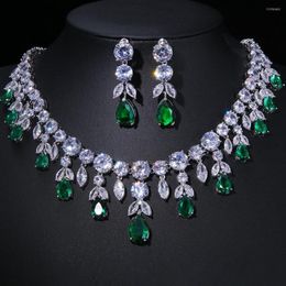 Necklace Earrings Set JMK Luxury Emerald Bridal Wedding Green Stone Cubic Zirconia Pendant Sets Party Dinner Wear