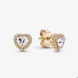 Golden Elevated Heart Stud Earrings for Pandora Real Sterling Silver Wedding Earring Set designer Jewellery For Women Crystal diamond Gold earring with Original Box