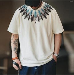 Men's T Shirts American Retro Feather Heavy T-shirt Men's Summer Short Sleeve Printed Crewneck Loose Ethnic Style T-shirshirt For