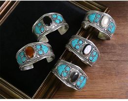 Bangles charming Ancient silver bracelet wide Bohemian Bracelet national style gem inlaid wide bracelet for men and women