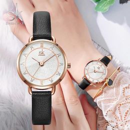 Wristwatches Creative Women Casual Watch Minimalism Rose Gold SHENGKE Lady Quartz Wristwatch Black Leather Starry Sky For