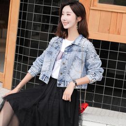 Women's Jackets Summer Women Short Denim Jacket Coat Beading Bling No Stretch Fashion Street Wear Turndown Collar Female Back Split 2023