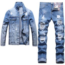 Slim-fit Light Blue Men Clothing Sets Ripped Hole 2 Piece Sets Spring Autumn Long Sleeve Denim Jacket and Straight Jeans