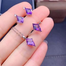 Sets MeiBaPJ Natural High Quality Amethyst Geometry Fine Wedding Jewellery Set 925 Pure Silver Necklace Ring Earrings Suit for Women