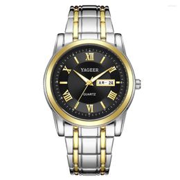 Wristwatches Fashion Men Wristwatch Gold Silver Roman Scale Double Calendar Luxury Luminous Quartz Watch Stainless Steel Reloj