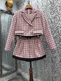 Women's Tracksuits 2023 Women's Fashion Suit Double-breasted Plaid Short Coat Suspenders Puffy Skirt 3-piece Set 0213