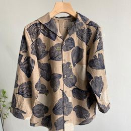 Women's Blouses Spring And Summer Leaf Printed Cotton Linen Shirt Loose Casual Comfortable Breathable Women's