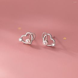 Stud Earrings Genuine 925 Sterling Silver Hollow Heart Pearls For Women Girls Hypoallergenic Jewellery