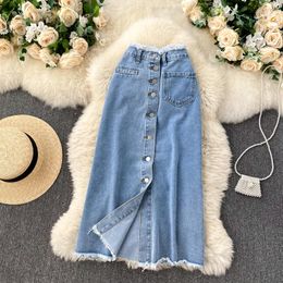 Skirts Korean Style Retro Ruffled High Waisted Slim Single Breasted Fitting Mid Length Trendy Versatile Denim Skirt