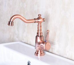 Kitchen Faucets Antique Red Copper Brass Single Handle Square Bathroom Basin Sink Faucet Mixer Tap Swivel Spout Deck Mounted Mnf254