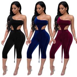 Women's Jumpsuits & Rompers Sexy Inclined One Shoulder Velvet 2 Pieces Suit Jumpsuit Summer Sleeveless Crop Top Skinny Calf Length Pants Nig