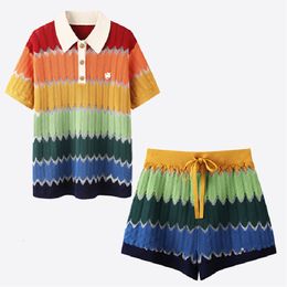 Two Piece Dress High Quality Women Fashion Summer Vintage Ice Silk Loose Colourful Striped Polo Collar Knit Top Shorts Pieces Set 230520