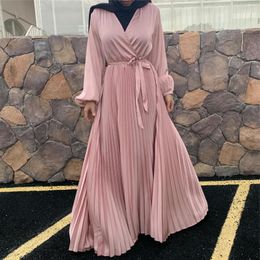 Ethnic Clothing Ramadan Eid Satin Hijab Dress Dubai Muslim Abayas Women Fashion Long Sleeve Pleated Dresses Turkey Islamic With Belt