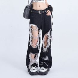 Women's Jeans Black cardigan with tassel design jeans women's summer high waisted straight jeans loose fitting old wide leg pants 230520