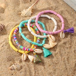 Strand Bohemian Ethnic Shell Tassel Pendants Bracelet For Women Colourful Polymer Clay Discs Party Hand Jewellery Gifts
