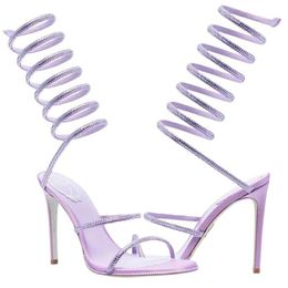 RENE CAOVILLA Cleo open toe sandals crystal embellished spiral wrap around sandal twining rhinestone sandal women rainbow stiletto heels shoes 35--42 ABBB XXOOOX