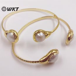 Bangle WTMPB054 WKT Good New Natural Pearl Bracelet Gold Plated Baroque Opening Large C Thin Edge Bracelet Women Jewellery Gift