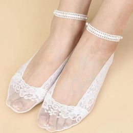 Women Socks 1 Pairs Women's Pearl Lace Low Breathable Invisible Ballerina Non Slip Transparent