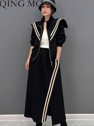 Two Piece Dress QING MO Women Navy Style Stripe Zipper Cardigan Coat Elastic Waist Irregular Split Skirt Set 2023 Autumn LHX1444A 230520